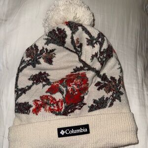 Columbia Cream Beanie with Red and Green Floral Design